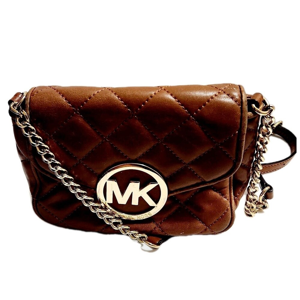Michael Kors MK Small Chain Fulton Quilted Brown Leather Crossbody Bag Purse